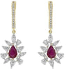 1.90CT DIAMOND & AAA RUBY 14K YELLOW GOLD 3D ROUND & PEAR SHAPE HANGING EARRINGS
