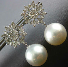 LARGE 1.3CT DIAMOND & AAA SOUTH SEA PEARL 18K WHITE GOLD FLOWER HANGING EARRINGS