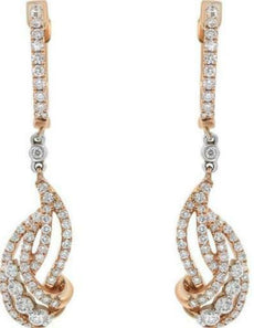 ESTATE .89CT DIAMOND 18KT WHITE AND ROSE GOLD 3D TEAR DROP HANGING EARRINGS