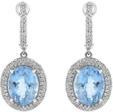 5.35CT DIAMOND & AAA AQUAMARINE 14K WHITE GOLD OVAL DOUBLE HALO HANGING EARRINGS