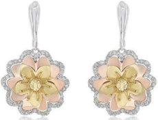 ESTATE 1.02CT DIAMOND 14KT WHITE AND YELLOW GOLD 3D FLOWER FUN HANGING EARRINGS