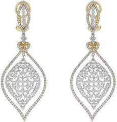 LARGE 6.35CT DIAMOND 18KT 2 TONE GOLD 3D OPEN FILIGREE CLIP ON HANGING EARRINGS