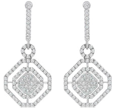 2.26CT DIAMOND 18KT WHITE GOLD CLUSTER OCTAGON DOUBLE HALO FUN HANGING EARRINGS
