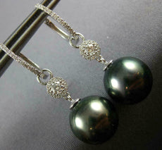 LARGE .38CT DIAMOND & AAA TAHITIAN PEARL 18KT WHITE GOLD HUGGIE HANGING EARRINGS