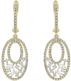 .78CT DIAMOND 14K YELLOW GOLD 3D ROUND & BAGUETTE OPEN FILIGREE HANGING EARRINGS