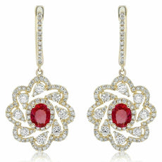 ESTATE 1.94CT DIAMOND & AAA RUBY 14KT YELLOW GOLD 3D FLOWER HANGING EARRINGS