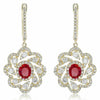 ESTATE 1.94CT DIAMOND & AAA RUBY 14KT YELLOW GOLD 3D FLOWER HANGING EARRINGS