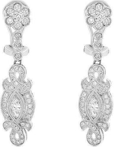 ESTATE .97CT DIAMOND 14KT WHITE GOLD 3D FILIGREE FLOWER HANGING EARRINGS