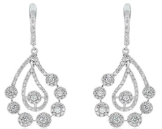 ESTATE 1.99CT DIAMOND 18KT WHITE GOLD 3D MULTI FLOWER LEAF HANGING EARRINGS