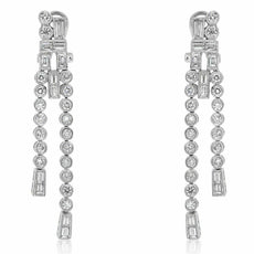 1.93CT DIAMOND 18KT WHITE GOLD 3D ROUND & BAGUETTE 2 ROW BEZEL HANGING EARRINGS
