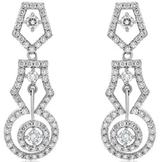 1.87CT DIAMOND 14KT WHITE GOLD SOLITAIRE DOUBLE HALO PENTAGON HANGING EARRINGS