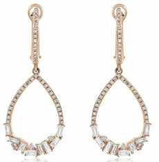 .76CT DIAMOND 14KT ROSE GOLD 3D ROUND & BAGUETTE TEAR DROP HANGING EARRINGS