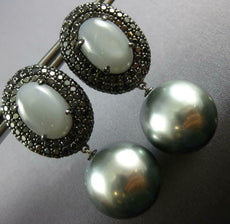LARGE 11CT DIAMOND & MOON STONE & TAHITIAN PEARL 18K BLACK GOLD HANGING EARRINGS