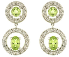 ESTATE 1.93CT DIAMOND & AAA PERIDOT 14K WHITE GOLD ROUND & OVAL HANGING EARRINGS