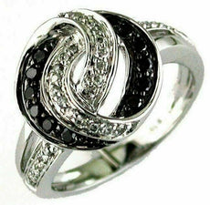 .39CT WHITE & BLACK DIAMOND 14KT WHITE GOLD 3D LOVE KNOT INFINITY FUN RING
