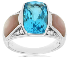 5.10CT DIAMOND & AAA BLUE TOPAZ & AAA MOTHER OF PEARL 14KT WHITE GOLD FUN RING
