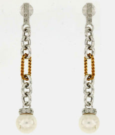 ESTATE .19CT DIAMOND & AAA SOUTH SEA PEARL 14K 2 TONE GOLD LINK HANGING EARRINGS