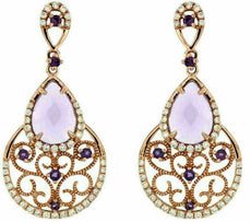 ESTATE 3.60CT DIAMOND & AAA AMETHYST 14KT ROSE GOLD MULTI HEART HANGING EARRINGS