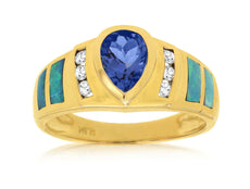 .93CT DIAMOND & AAA TANZANITE & AAA OPAL 14KT YELLOW GOLD 3D PEAR SHAPE FUN RING