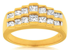 ESTATE 1.0CT DIAMOND 14KT YELLOW GOLD 3D PRINCESS 2 ROW PYRAMID ANNIVERSARY RING