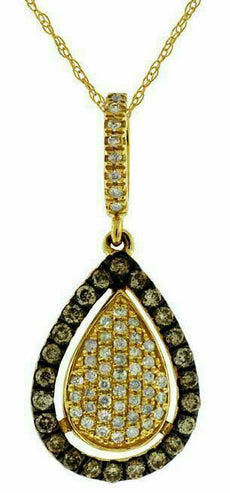 .31CT WHITE & MOCHA DIAMOND 14KT YELLOW GOLD 3D TEAR DROP CLUSTER HALO PENDANT