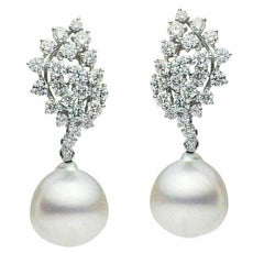 ESTATE LARGE 2.7CT DIAMOND & AAA SOUTH SEA PEARL 18K WHITE GOLD HANGING EARRINGS