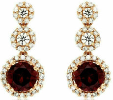 1.80CT DIAMOND & AAA RHODOLITE 14K ROSE GOLD ROUND HALO JOURNEY HANGING EARRINGS