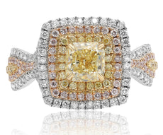 2.44CT WHITE PINK & FANCY YELLOW DIAMOND 18KT TRI COLOR GOLD 3D ENGAGEMENT RING