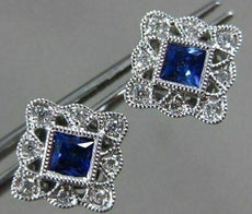 ESTATE .44CT DIAMOND & AAA SAPPHIRE 18KT WHITE GOLD SQUARE FLOWER STUD EARRINGS