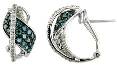 ESTATE 1.24CT WHITE & BLUE DIAMOND 14KT WHITE GOLD 3D LEAF CLIP ON EARRINGS
