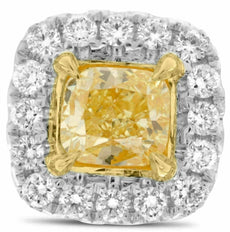 GIA 2.75CT WHITE & FANCY YELLOW DIAMOND 18K 2 TONE GOLD 3D CUSHION STUD EARRINGS