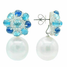 LARGE 10.60CT DIAMOND AAA PEARL SAPPHIRE & BLUE TOPAZ 18KT WHITE GOLD EARRINGS