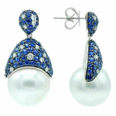 LARGE 3.45CT DIAMOND AAA SOUTH SEA PEARL & SAPPHIRE 18KT WHITE GOLD 3D EARRINGS