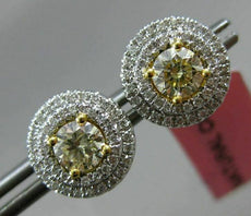 1.25CT WHITE & FANCY YELLOW DIAMOND 18KT TWO TONE GOLD DOUBLE HALO STUD EARRINGS