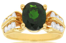 3.35CT DIAMOND & AAA GREEN GARNET 14KT YELLOW GOLD OVAL & ROUND ENGAGEMENT RING