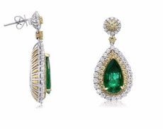 15.63CT DIAMOND & AAA COLOMBIAN EMERALD 18K TWO TONE GOLD 3D TEAR DROP EARRINGS