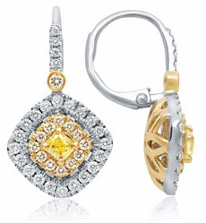 1.17CT WHITE & FANCY YELLOW DIAMOND 18K TWO TONE GOLD 3D SQUARE HANGING EARRINGS