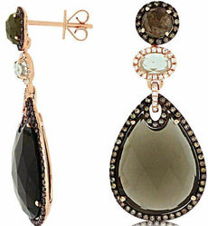 LARGE WHITE & CHOCOLATE FANCY DIAMOND & SMOKY TOPAZ 14KT ROSE GOLD 3D EARRINGS
