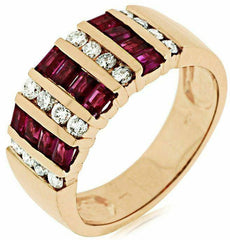 WIDE 1.65CT DIAMOND & AAA RUBY 14K ROSE GOLD ROUND & BAGUETTE ANNIVERSARY RING