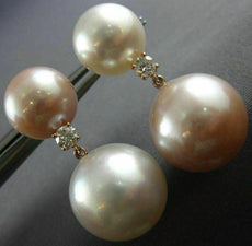 LARGE .28CT DIAMOND AAA WHITE & PINK SOUTH SEA PEARL 18KT ROSE GOLD 3D EARRINGS