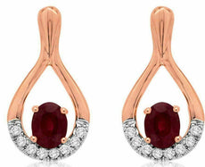ESTATE .94CT DIAMOND & AAA RUBY 14K ROSE GOLD 3D TEAR DROP OVAL HANGING EARRINGS