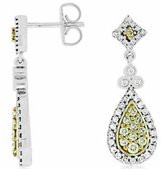 .83CT WHITE & FANCY YELLOW DIAMOND 14KT WHITE GOLD 3D CLUSTER TEAR DROP EARRINGS