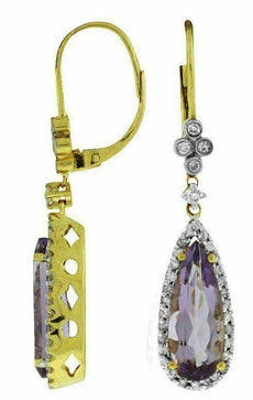 4.80CT DIAMOND & AAA AMETHYST 14K YELLOW GOLD PEAR SHAPE HALO HANGING EARRINGS