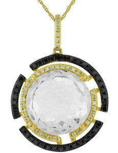 11.50CT WHITE & BLACK DIAMOND & AAA WHITE TOPAZ 14K YELLOW GOLD 3D ROUND PENDANT