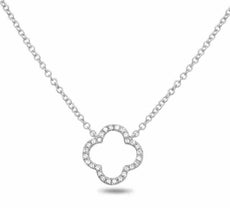 ESTATE .08CT DIAMOND 14KT WHITE GOLD CLASSIC OPEN FOUR LEAF CLOVER LOVE NECKLACE