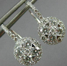 1.37CT DIAMOND 18KT WHITE GOLD 3D CLUSTER FLOWER HALO LEVERBACK HANGING EARRINGS