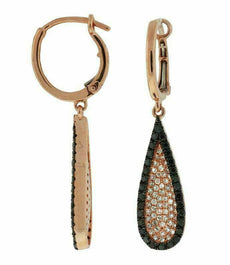 ESTATE .86CT WHITE & BLACK DIAMOND 14K ROSE GOLD PAVE TEAR DROP HANGING EARRINGS