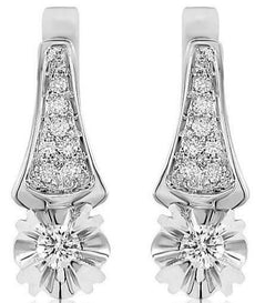 .21CT DIAMOND 14KT WHITE GOLD SOLITAIRE PAVE FLOWER LEVERBACK HANGING EARRINGS