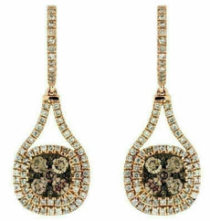 LARGE 1.90CT WHITE & CHOCOLATE FANCY DIAMOND 14KT ROSE GOLD 3D CLUSTER EARRINGS