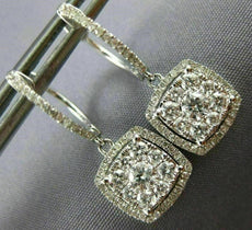 LARGE 1.0CT DIAMOND 14KT WHITE GOLD CLUSTER SQUARE HALO HUGGIE HANGING EARRINGS